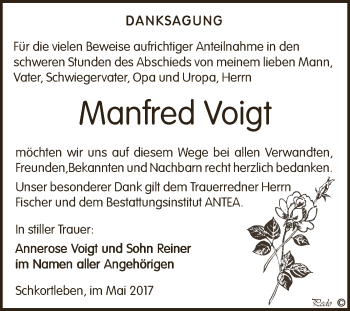 Traueranzeige von Manfred Voigt von WVG - Wochenspiegel NMB / WSF / ZTZ