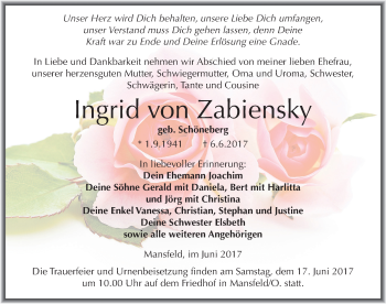 Traueranzeige von Ingrid von Zabiensky von Mitteldeutsche Zeitung Mansfelder Land