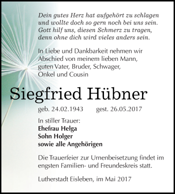 Traueranzeige von Siegfried Hübner von Super Sonntag SGH Mansf. Land