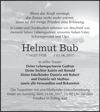 Traueranzeige von Helmut Bub von WVG - Wochenspiegel Bitterfeld