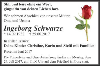Traueranzeige von Ingeborg Schwarze von Super Sonntag Aschersleben