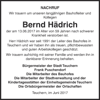 Traueranzeige von Bernd Hädrich von WVG - Wochenspiegel NMB / WSF / ZTZ