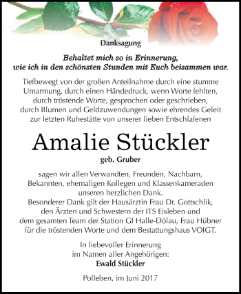 Traueranzeige von Amalie Stückler von Super Sonntag SGH Mansf. Land