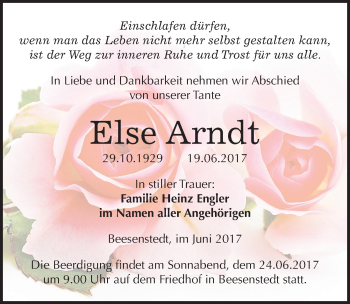Traueranzeige von Else Arndt von Mitteldeutsche Zeitung Halle/Saalkreis