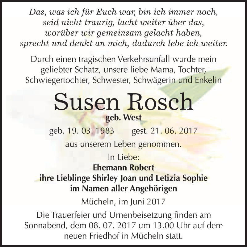  Traueranzeige für Susen Rosch vom 01.07.2017 aus WVG - Wochenspiegel Merseburg