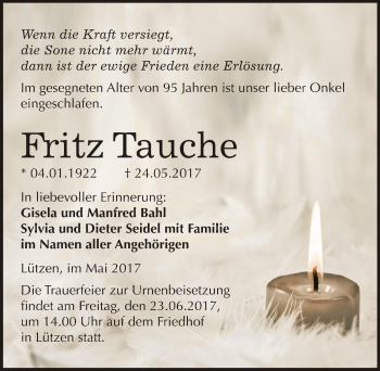 Traueranzeige von Fritz Tauche von Mitteldeutsche Zeitung Weißenfels