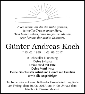 Traueranzeige von Günter Andreas Koch von WVG - Wochenspiegel Quedlinburg