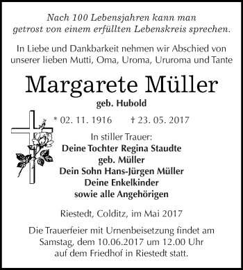 Traueranzeige von Margarete Müller von WVG - Wochenspiegel SGH
