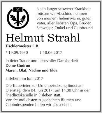 Traueranzeige von Helmut Strahl von Wochenspiegel Mansfelder Land