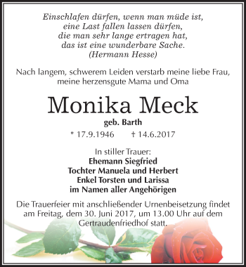 Traueranzeige von Monika Meck von Mitteldeutsche Zeitung Halle/Saalkreis