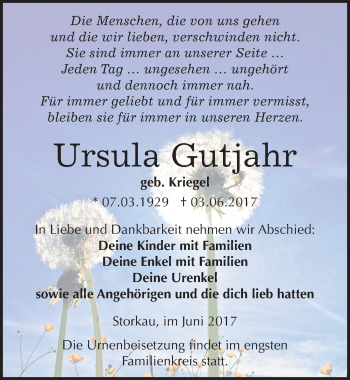 Traueranzeige von Ursula Gutjahr von Mitteldeutsche Zeitung Weißenfels