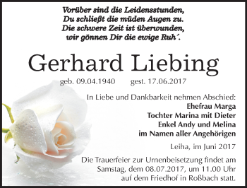 Traueranzeige von Gerhard Liebing von Mitteldeutsche Zeitung Merseburg/Querfurt