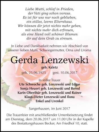 Traueranzeige von Gerda Lenzewski von Super Sonntag SGH Mansf. Land