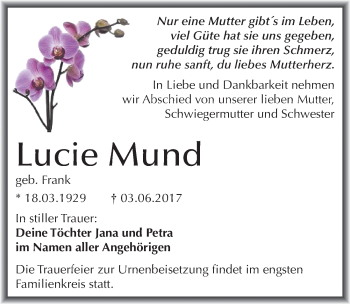 Traueranzeige von Lucie Mund von Mitteldeutsche Zeitung Merseburg/Querfurt