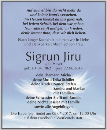 Traueranzeige von Sigrun Jiru von WVG - Wochenspiegel NMB / WSF / ZTZ