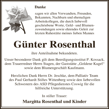 Traueranzeige von Günter Rosenthal von WVG - Wochenspiegel Dessau / Köthen