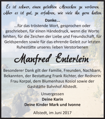 Traueranzeige von Manfred Enterlein von Mitteldeutsche Zeitung Sangerhausen