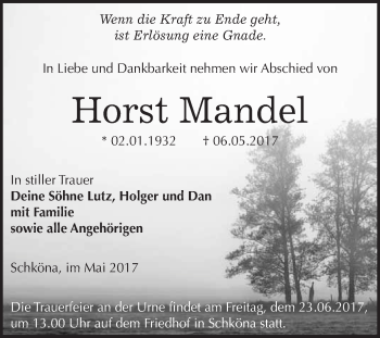 Traueranzeige von Horst Mandel von WVG - Wochenspiegel Wittenberg