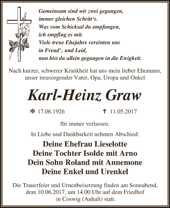 Traueranzeige von Karl-Heinz Graw von WVG - Wochenspiegel Dessau / Köthen