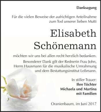 Traueranzeige von Elisabeth Schönemann von WVG - Wochenspiegel Wittenberg