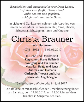 Traueranzeige von Christa Brauner von Super Sonntag SGH Mansf. Land