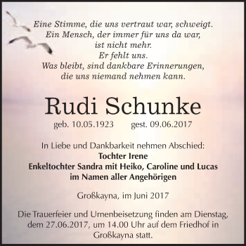 Traueranzeige von Rudi Schunke von WVG - Wochenspiegel Merseburg