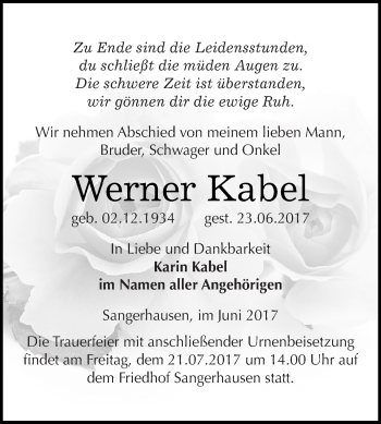 Traueranzeige von Werner Kabel von Super Sonntag SGH Mansf. Land