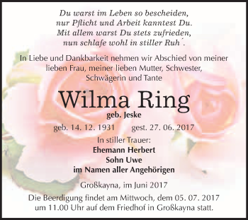 Traueranzeige von Wilma Ring von WVG - Wochenspiegel Merseburg