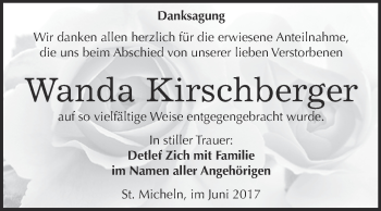 Traueranzeige von Wanda Kirschberger von WVG - Wochenspiegel Merseburg