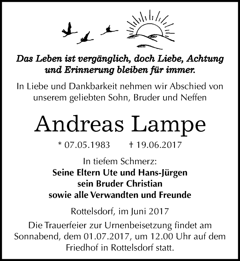  Traueranzeige für Andreas Lampe vom 24.06.2017 aus Mitteldeutsche Zeitung Mansfelder Land