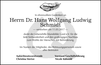 Traueranzeige von Hans Wolfgang Ludwig Schmidt von Mitteldeutsche Zeitung Mansfelder Land