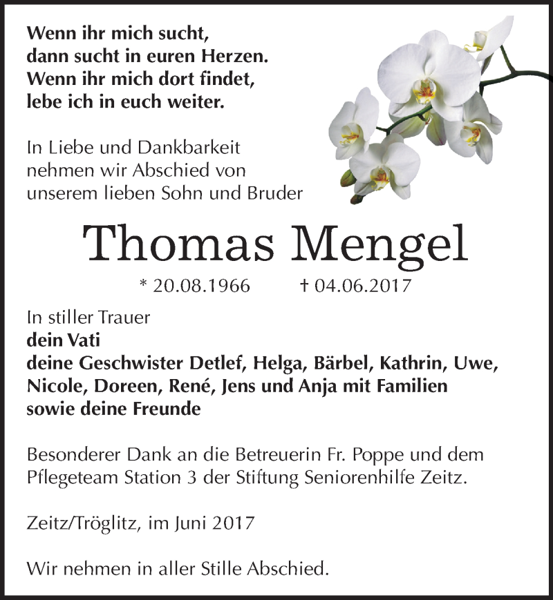  Traueranzeige für Thomas Mengel vom 17.06.2017 aus Mitteldeutsche Zeitung Zeitz