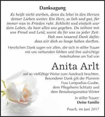 Traueranzeige von Anita Arlt von WVG - Wochenspiegel Bitterfeld