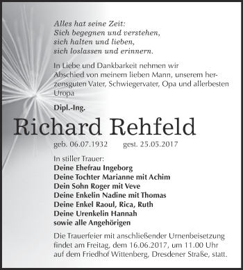 Traueranzeige von Richard Rehfeld von WVG - Wochenspiegel Wittenberg