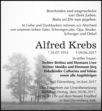 Traueranzeige von Alfred Krebs von Mitteldeutsche Zeitung Merseburg/Querfurt