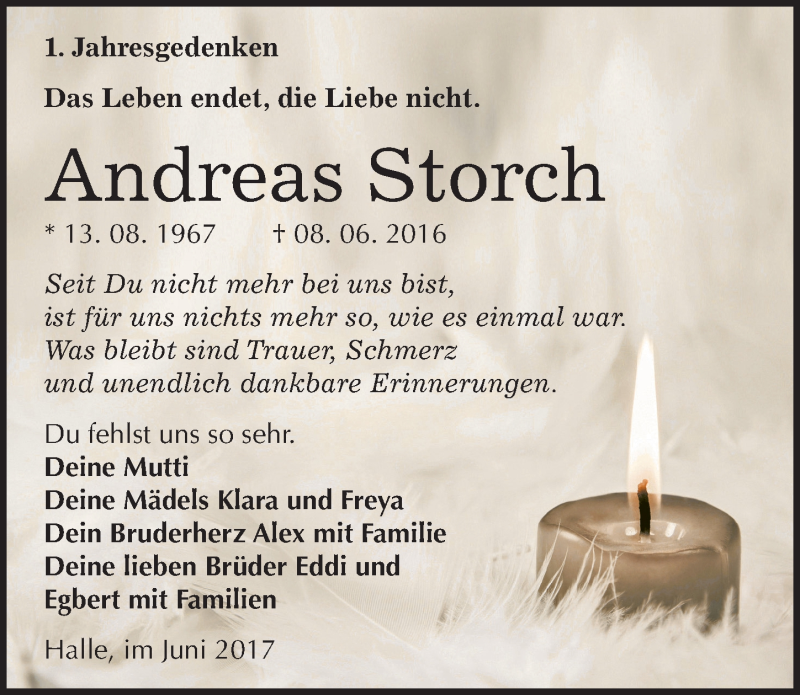  Traueranzeige für Andreas Storch vom 08.06.2017 aus Mitteldeutsche Zeitung Halle/Saalkreis