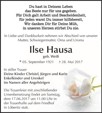 Traueranzeige von Ilse Hausa von WVG - Wochenspiegel Bitterfeld