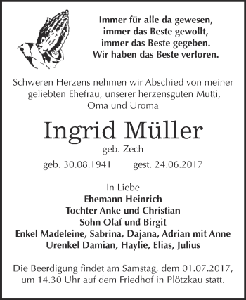 Traueranzeige von Ingrid Müller von Super Sonntag Bernburg