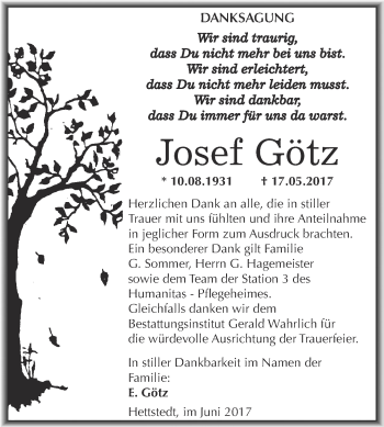 Traueranzeige von Josef Götz von Wochenspiegel Mansfelder Land