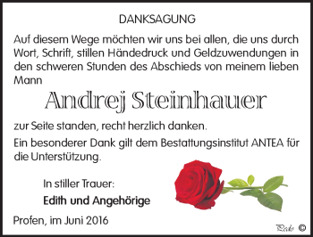 Traueranzeige von Andrej Steinhauer von Mitteldeutsche Zeitung Zeitz
