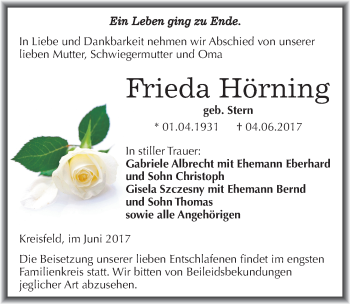 Traueranzeige von Frieda Hörning von Mitteldeutsche Zeitung Mansfelder Land