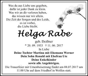 Traueranzeige von Helga Rabe von Mitteldeutsche Zeitung Bitterfeld