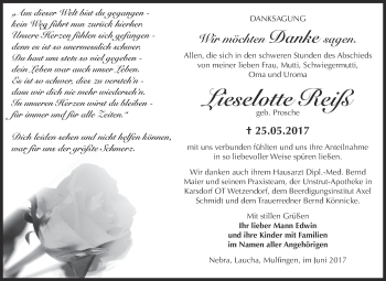 Traueranzeige von Lieselotte Reiß von WVG - Wochenspiegel NMB / WSF / ZTZ