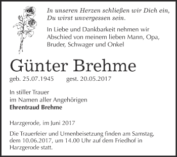 Traueranzeige von Günter Brehme von Super Sonntag Quedlinburg