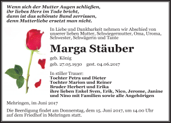 Traueranzeige von Marga Stäuber von Mitteldeutsche Zeitung Aschersleben