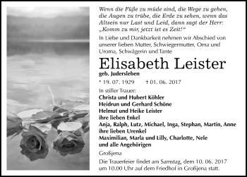 Traueranzeige von Elisabeth Leister von Mitteldeutsche Zeitung Naumburg/Nebra