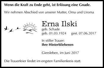 Traueranzeige von Erna Ilski von Mitteldeutsche Zeitung Aschersleben