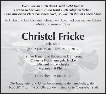 Traueranzeige von Christel Fricke von Super Sonntag Aschersleben