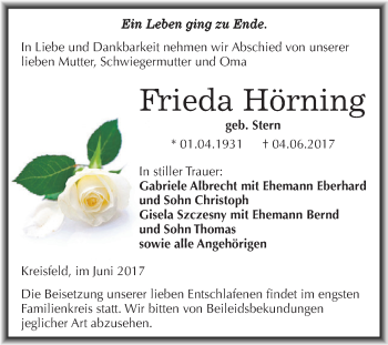 Traueranzeige von Frieda Hörning von Wochenspiegel Mansfelder Land