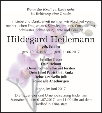 Traueranzeige von Hildegard Heilemann von WVG - Wochenspiegel Bitterfeld